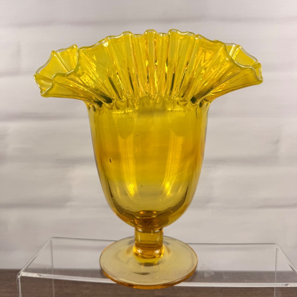 Blenko 388 Lemon Yellow Crimped Ruffle Footed Vase